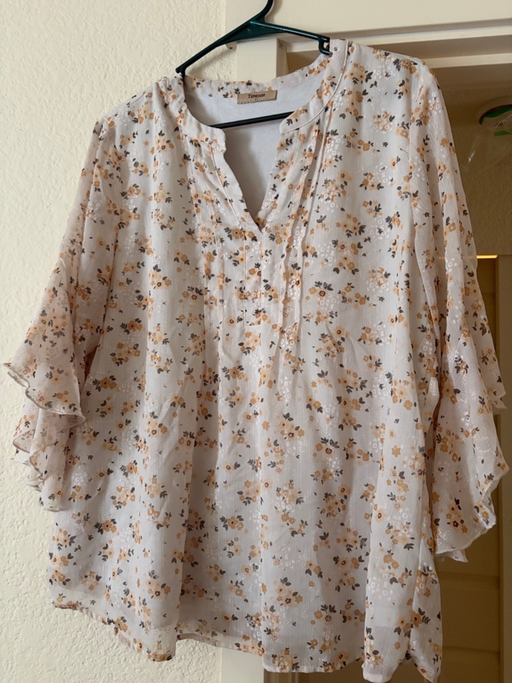 Timeson Lightweight Floral Top - Cream and Tan with Ruffled Sleeves